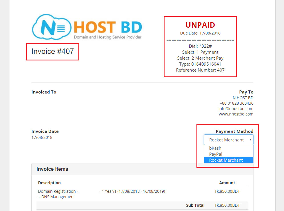 Pay your invoice with id in N HOST BD