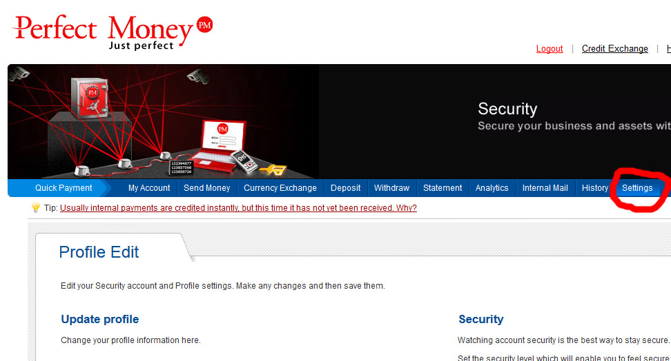 perfect money setting