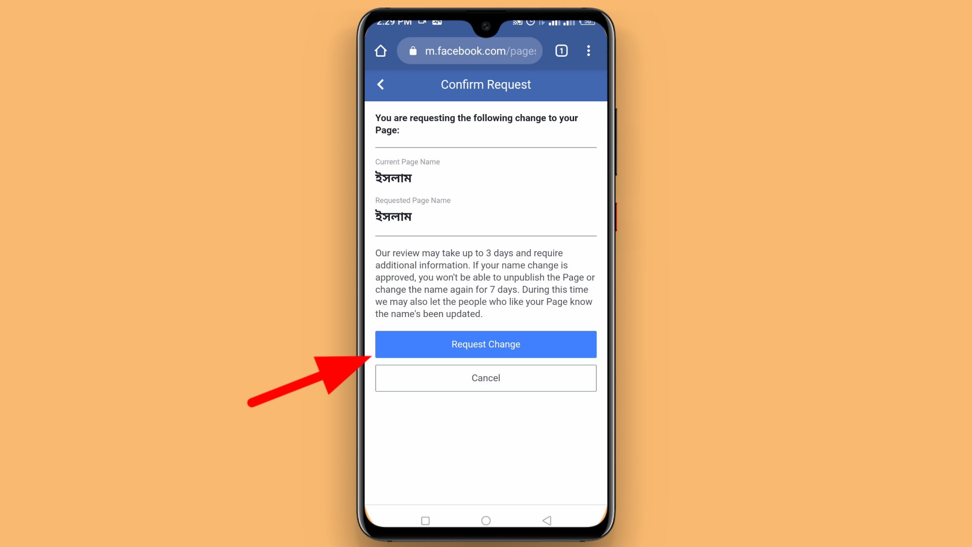 facebook page name change request 