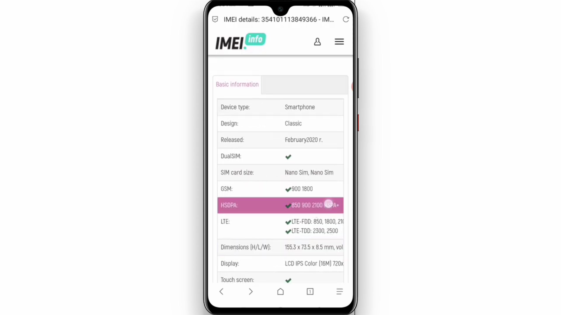 IMEI check result