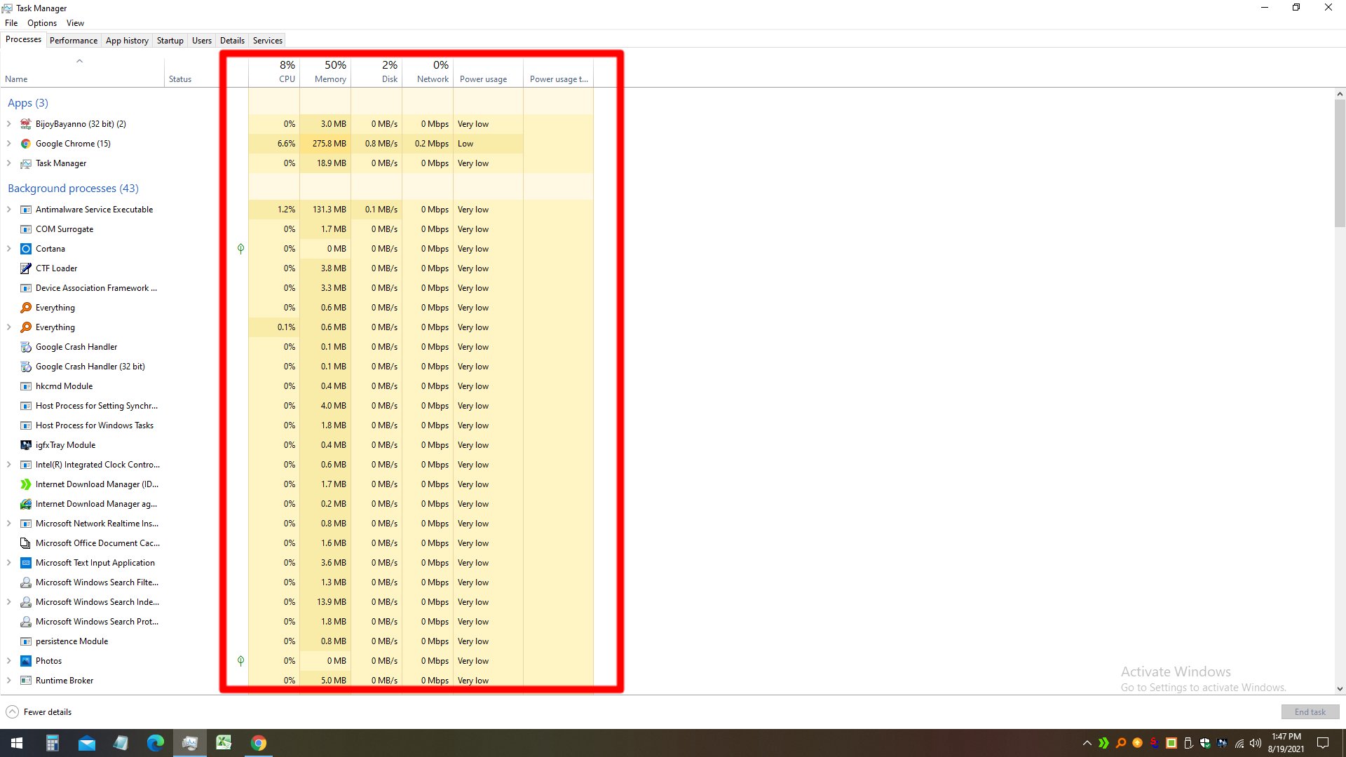 Computer task manager details