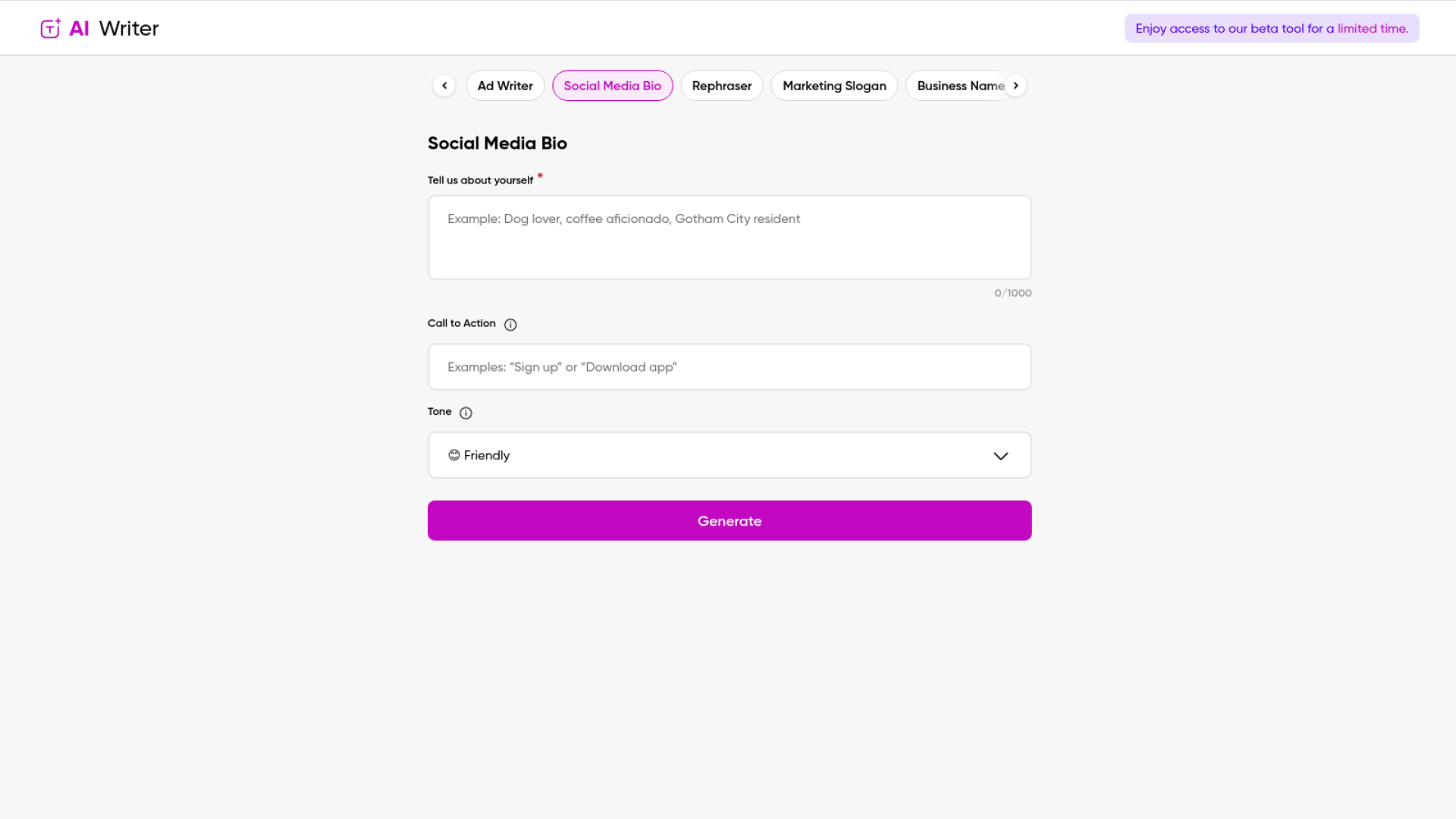 Copy Writer Automated Instagram Bio Generation ওয়েবসাইট