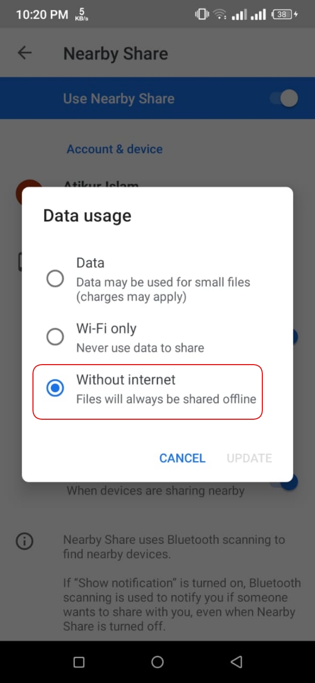 Nearby Share setting "WIthout internet" select