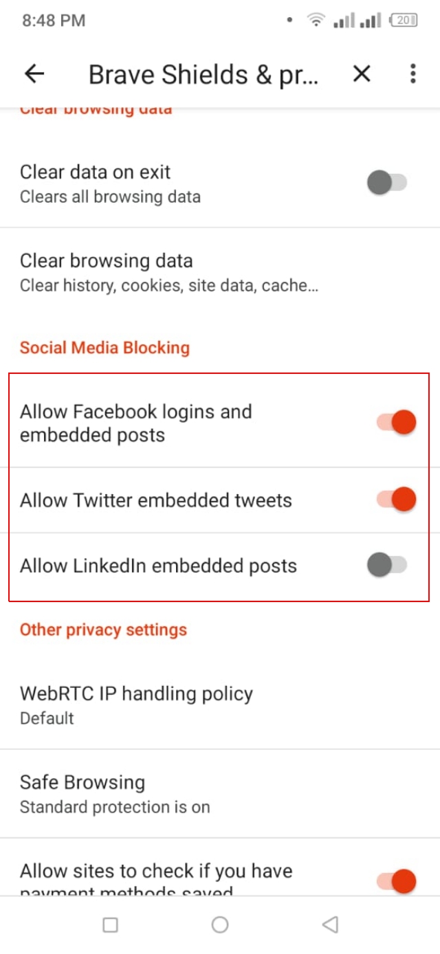 Brave browser embed social media post blocking setting