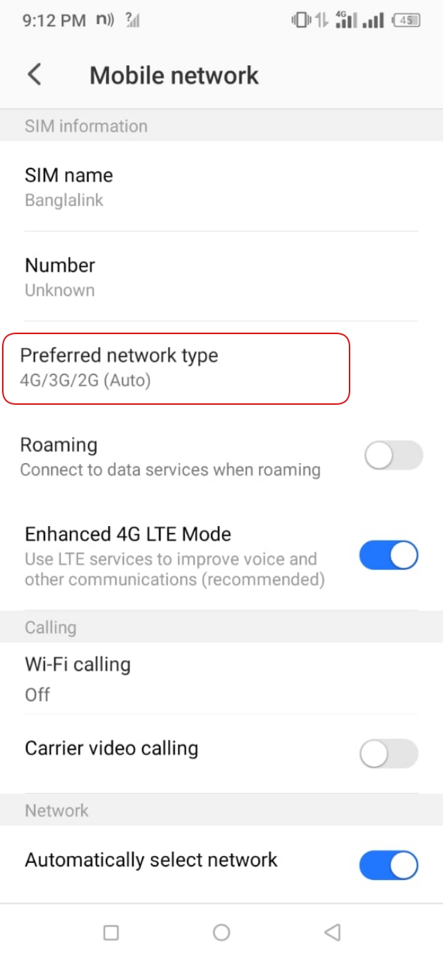 Preferred network type