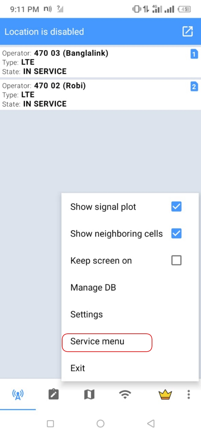 Netmonitor Service menu