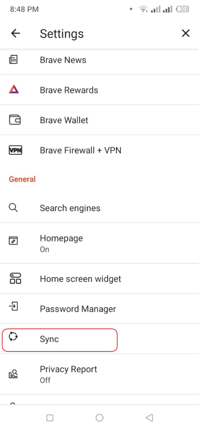 Brave browser data sync option