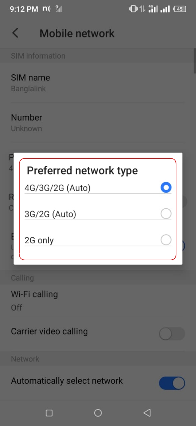 Preferred network type থেকে LTE বা 5G Only সিলেক্ট করা
