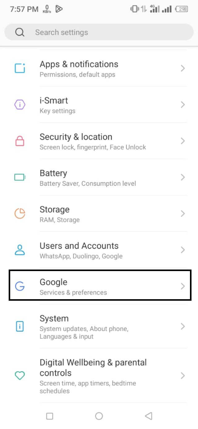 Andriod google settings