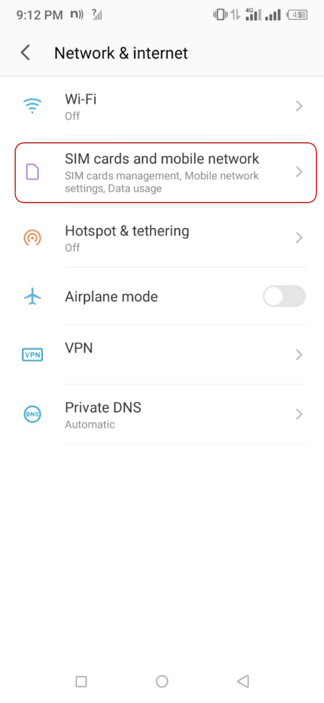 SIM card and mobile network অপশন