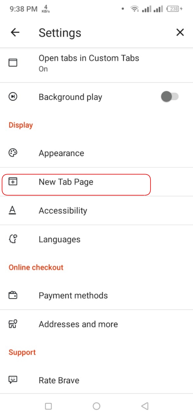 Brave brwoser setting New tab page