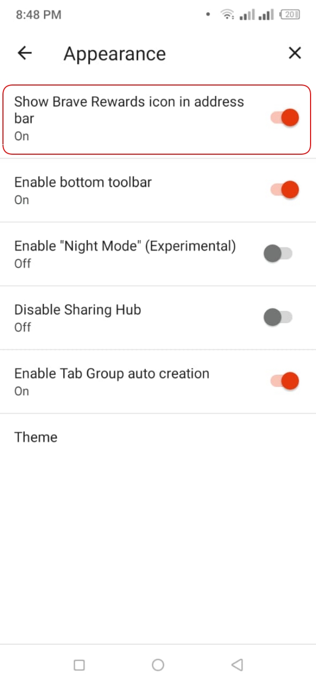 Brave Rewards icon in address bar remove option