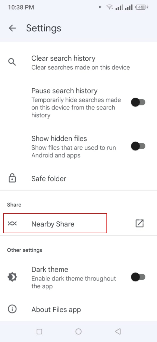 Nearby Share option in Files by google app