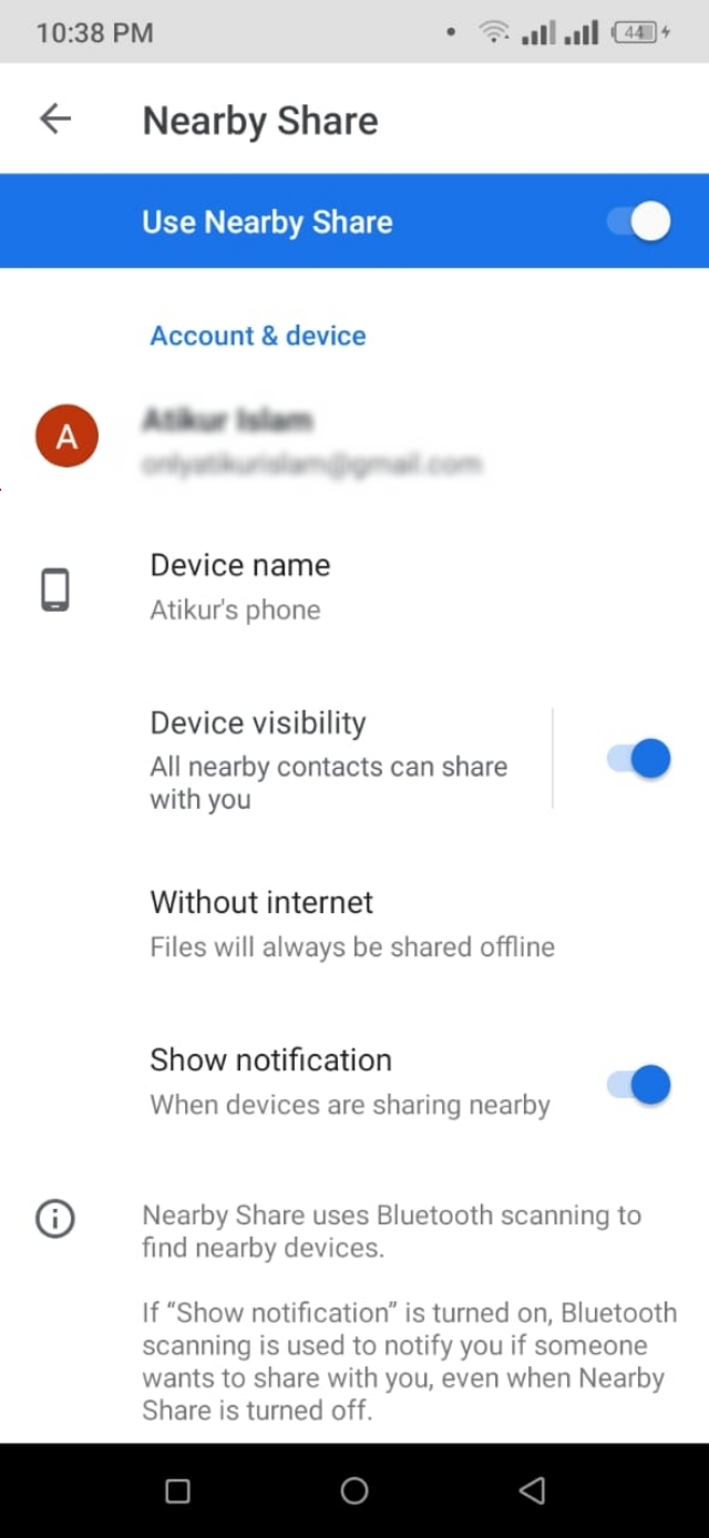 Android mobile nearby share settings