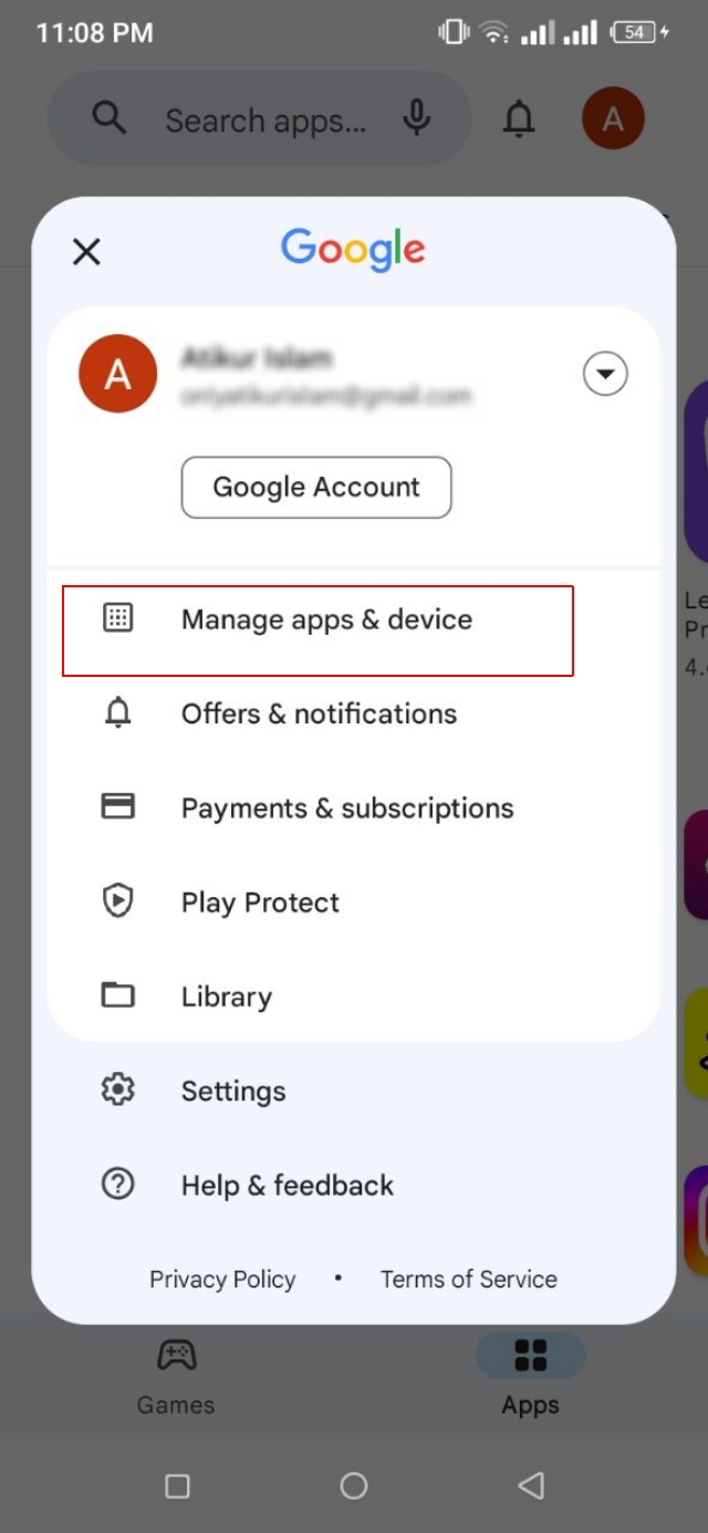 Google play store "Manage apps & device"