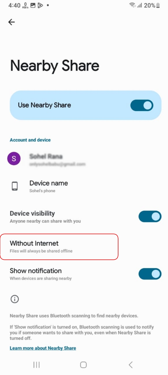 Nearby Share file share method select