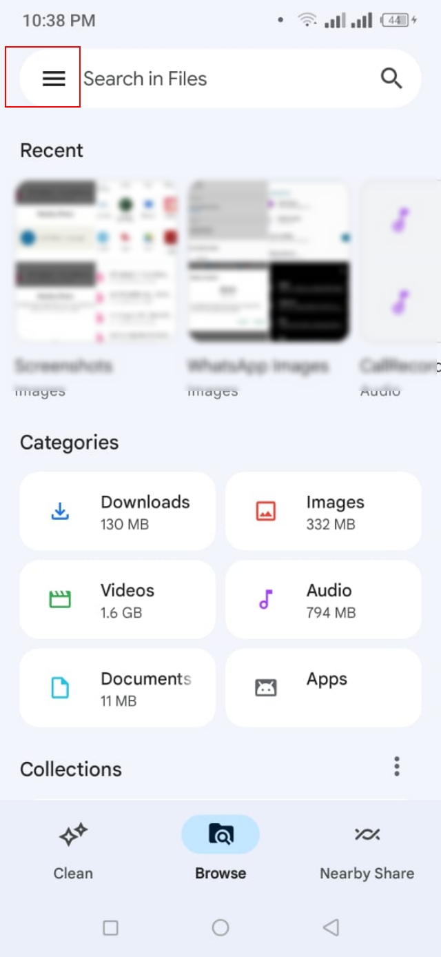 Files by google app Menu icon