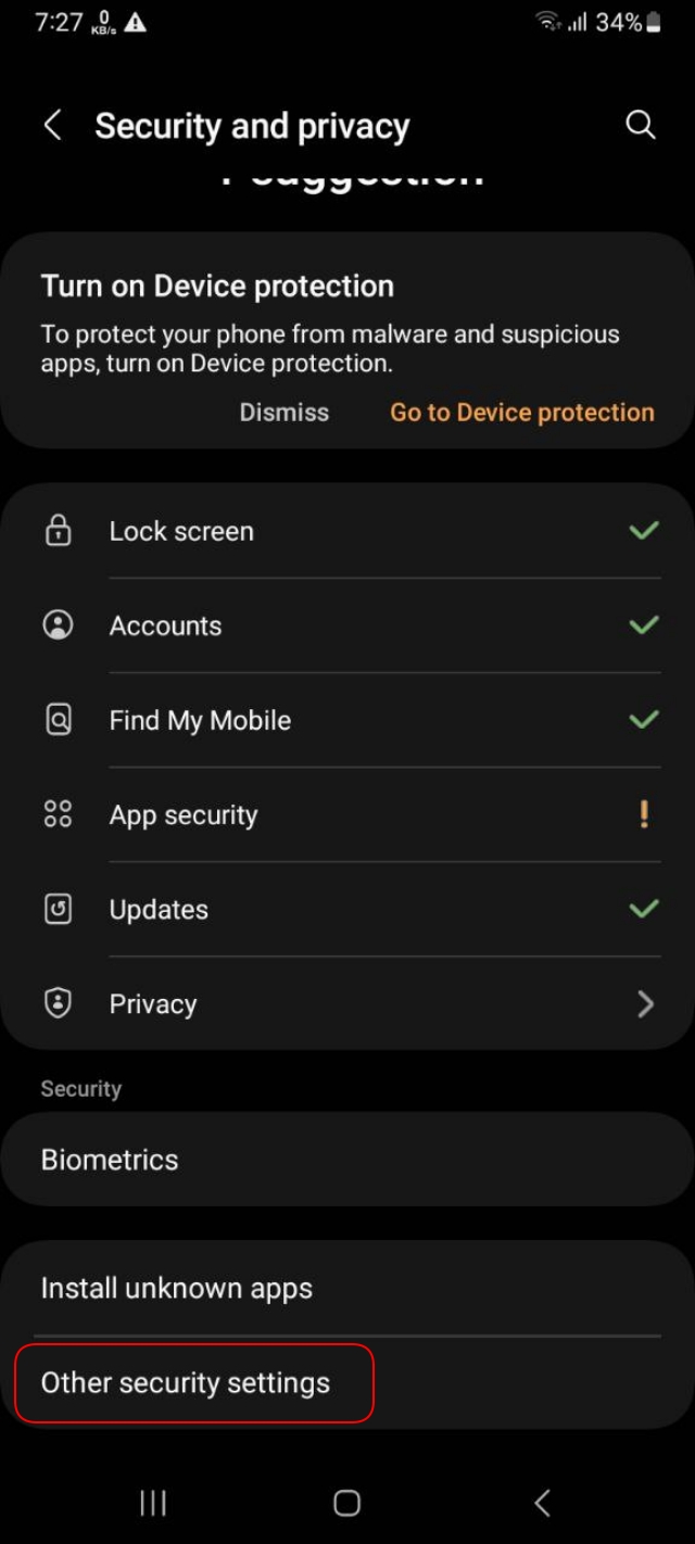 Samsung mobile Other security settings 