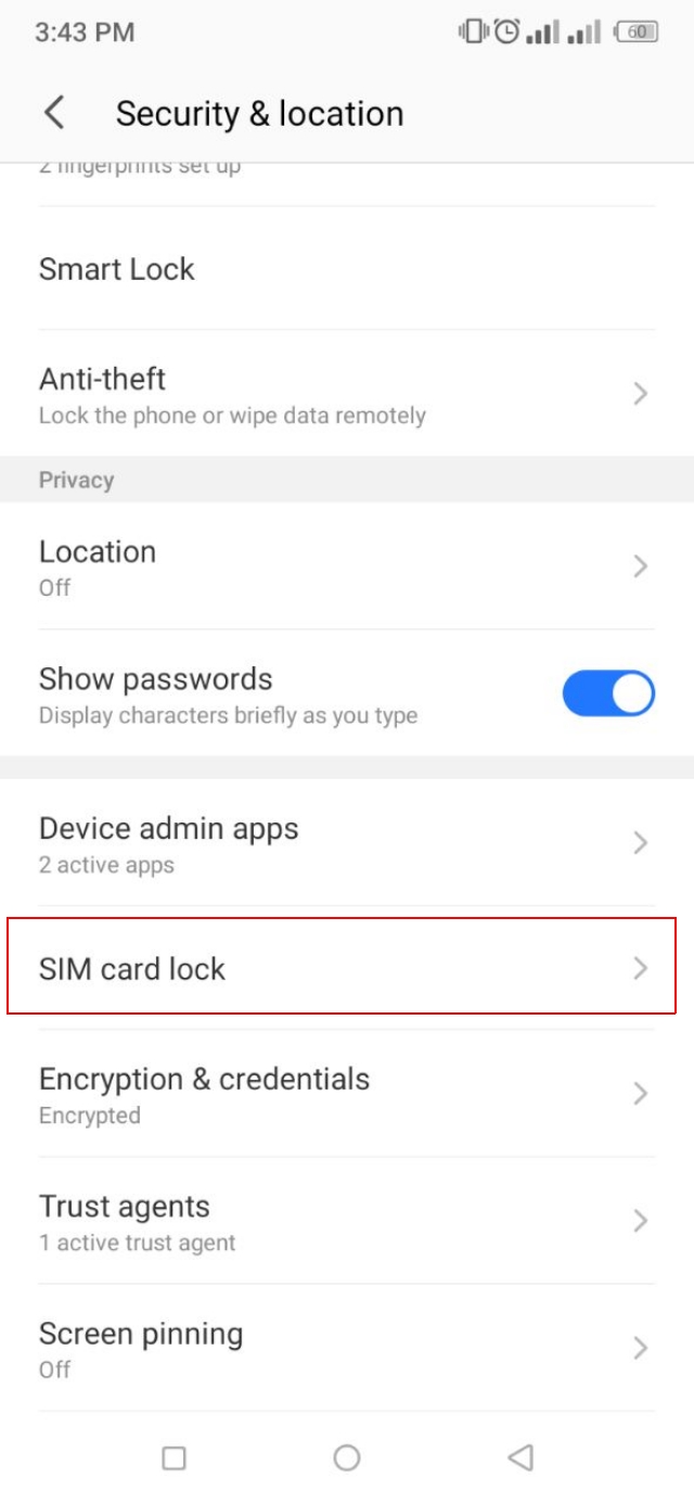 SIM card lock settings