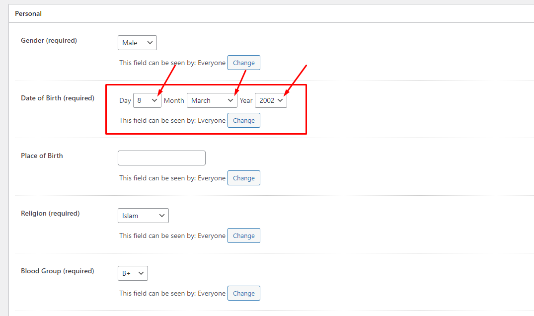 Date of Birth সিলেক্ট