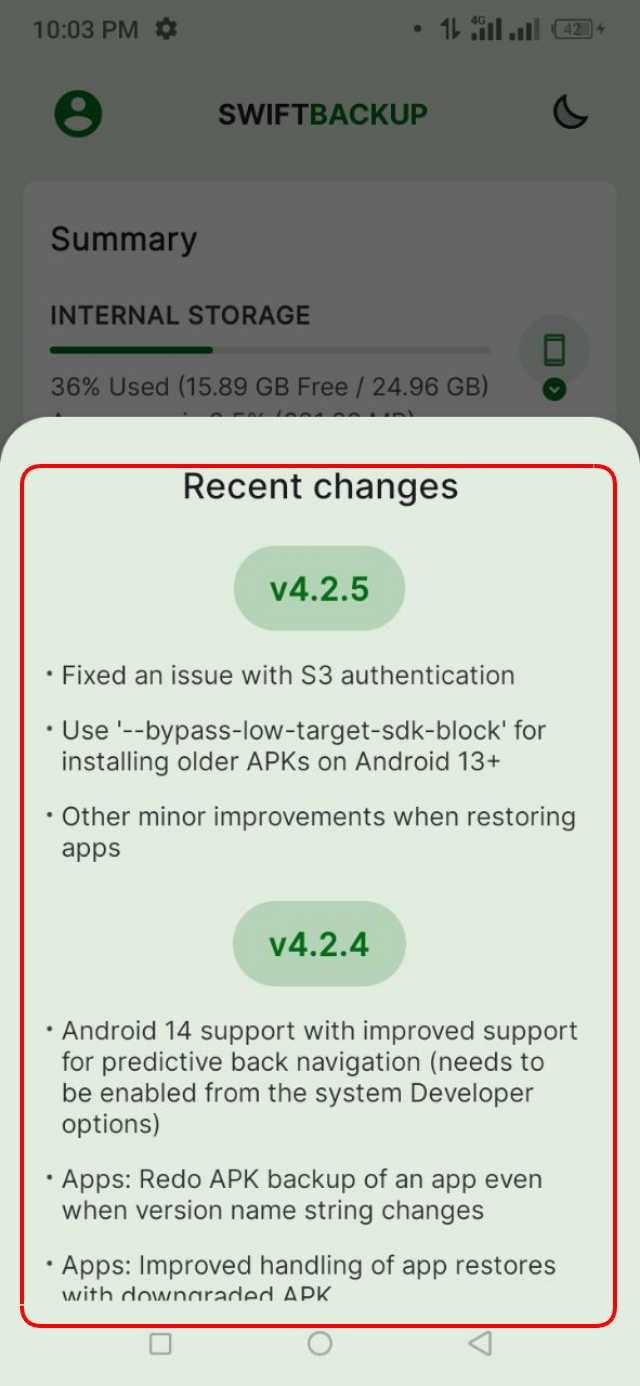 Swift Backup এর সাম্প্রতিক সময়ের আপডেট