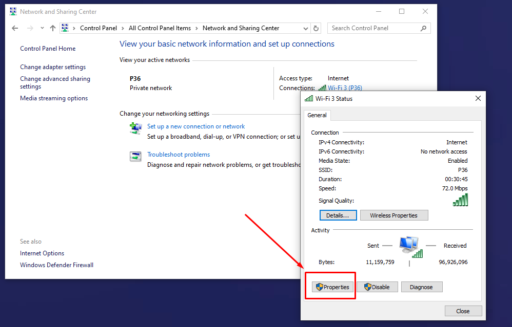 Properties বাটনে ক্লিক