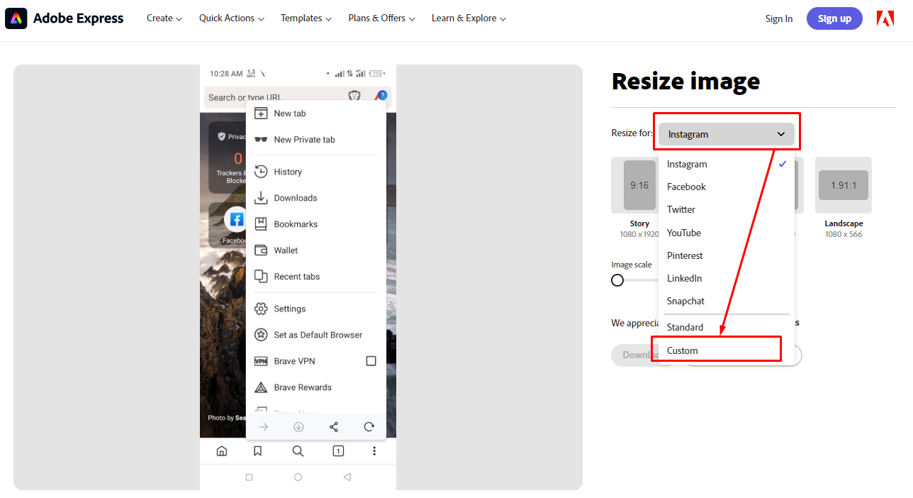 Resize অপশনে ক্লিক করে নিচের Custom অপশনে ক্লিক
