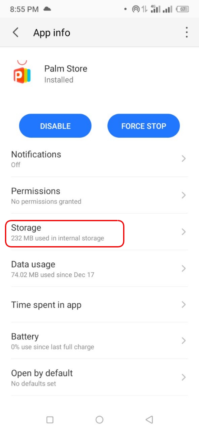 অ্যাপের Storage & cache অপশন