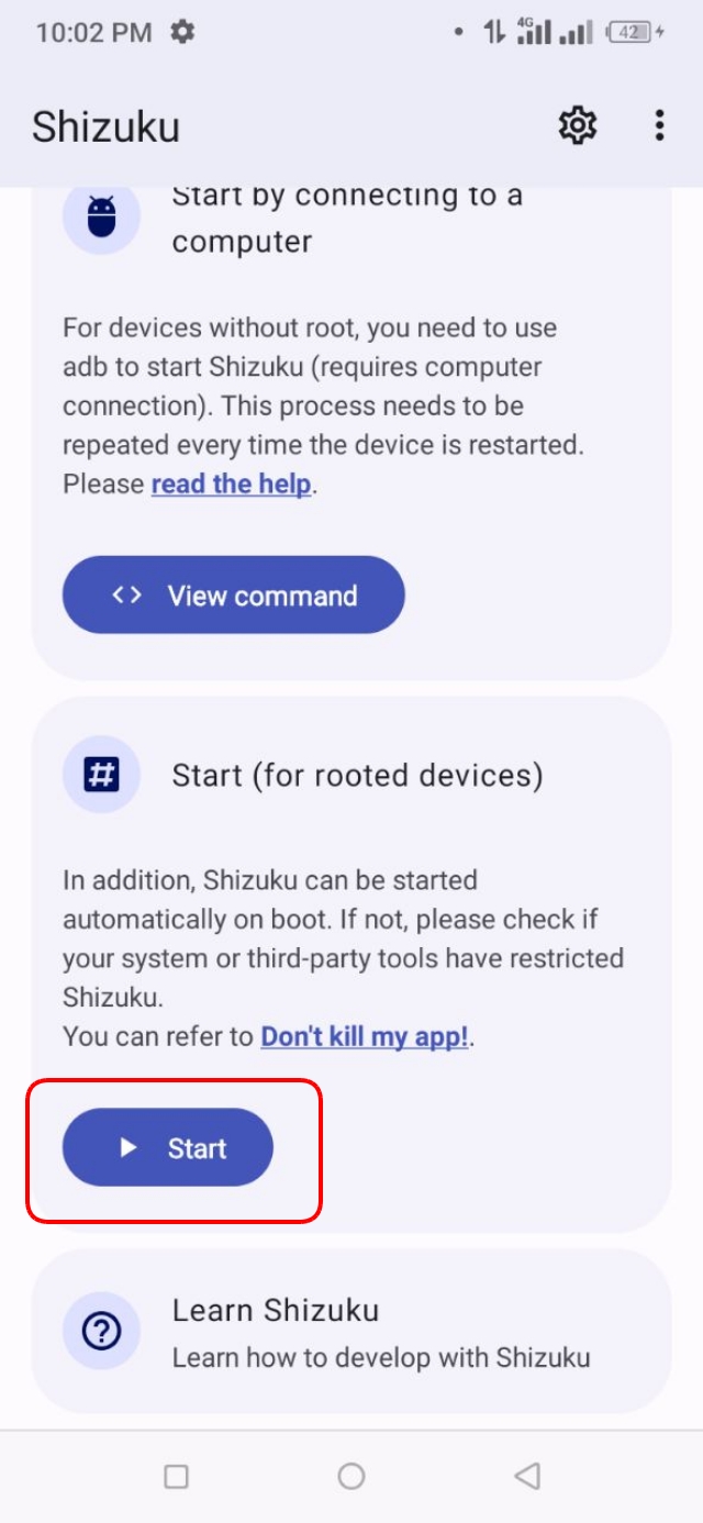 Shizuku অ্যাপটি ওপেন করুন এবং আবার Start বাটনে ক্লিক