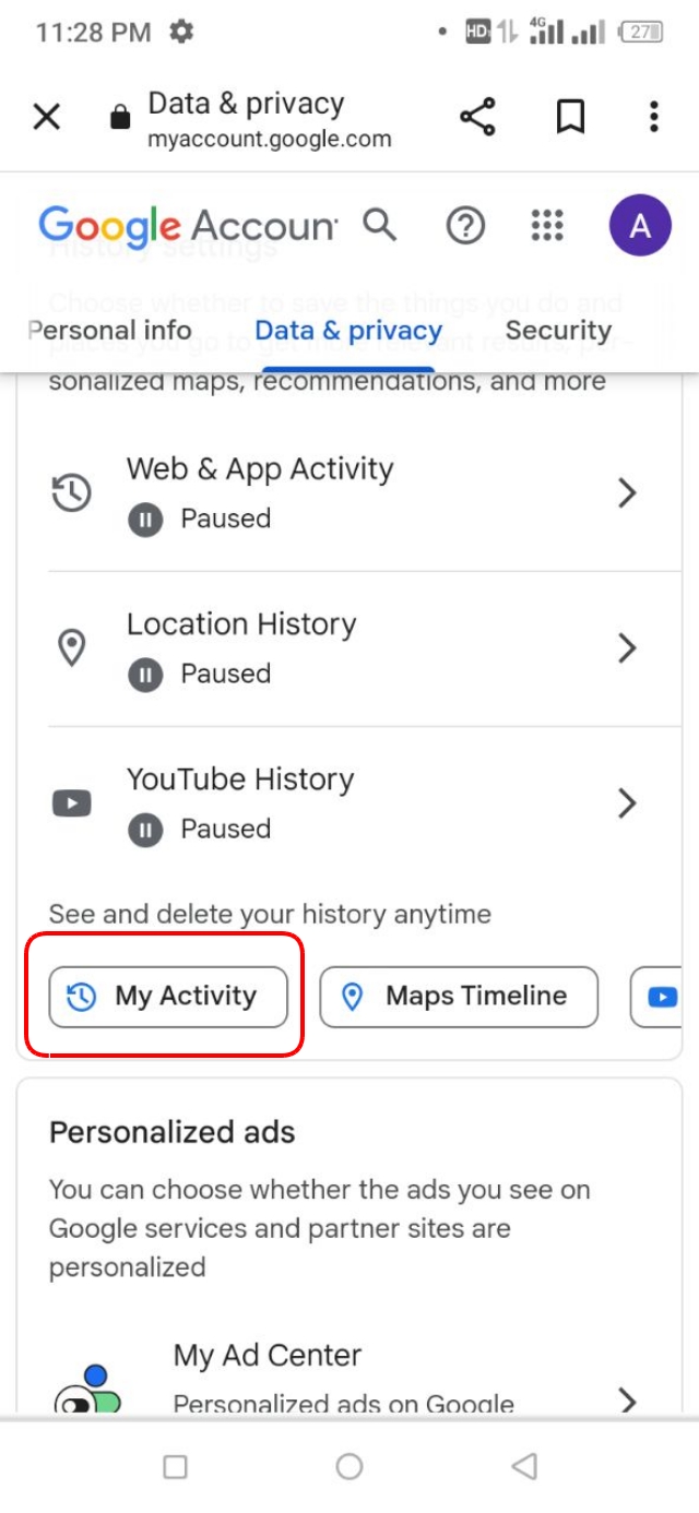 গুগল একাউন্টের Data & Privacy থেকে My Activity
