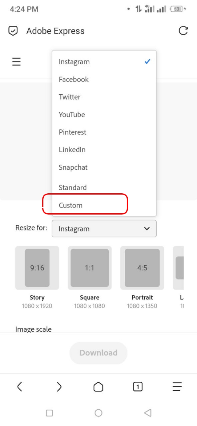 Custom অপশনে ট্যাপ