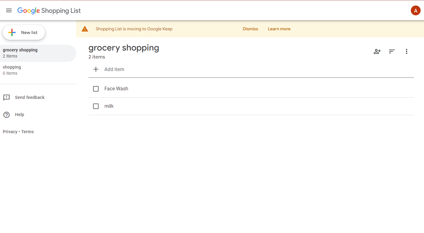 Google shopping list website