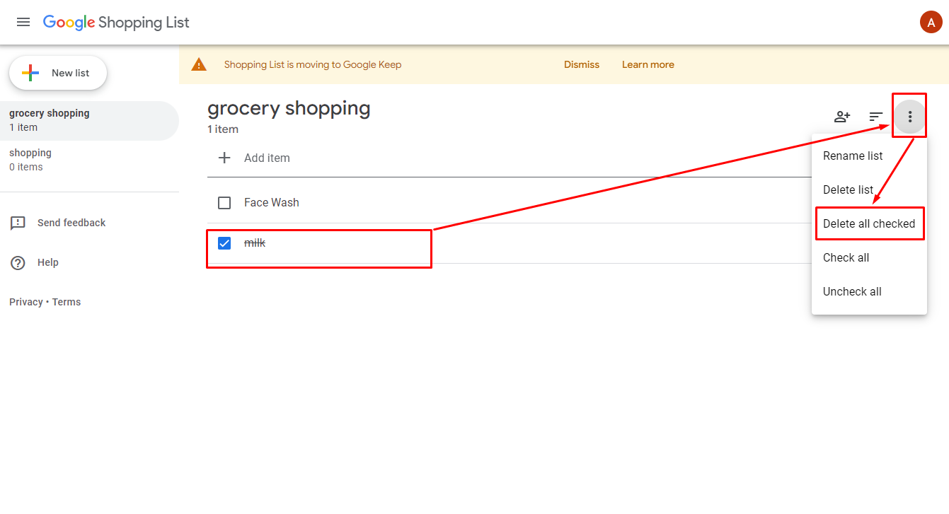 গুগল শপিং লিস্ট থেকে আইটেম ডিলিট