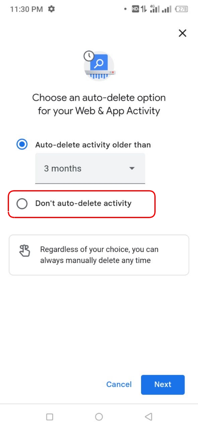 গুগলের অ্যাক্টিভিটি গুলো ডিলিট করতে না চান, তাহলে Don't Auto-delete activity অপশনে ক্লিক করে সেভ করুন