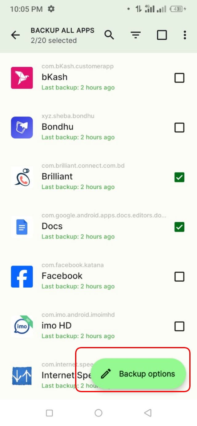 অ্যাপস গুলো সিলেক্ট করার পর Backup Options বাটনে ক্লিক