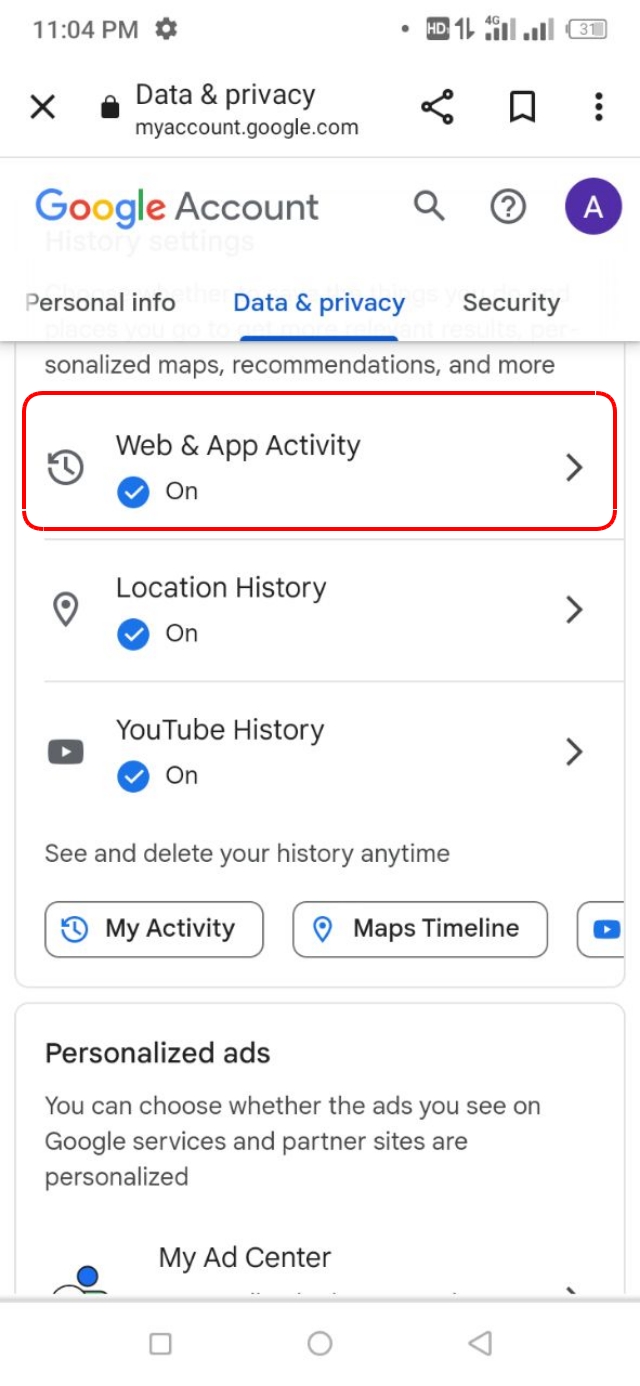 Web & App Activity অপশন