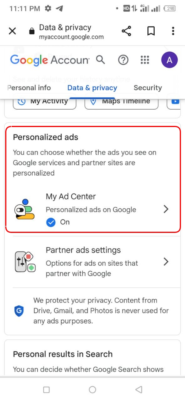 Personalize Ads বন্ধ করার সেটিংস