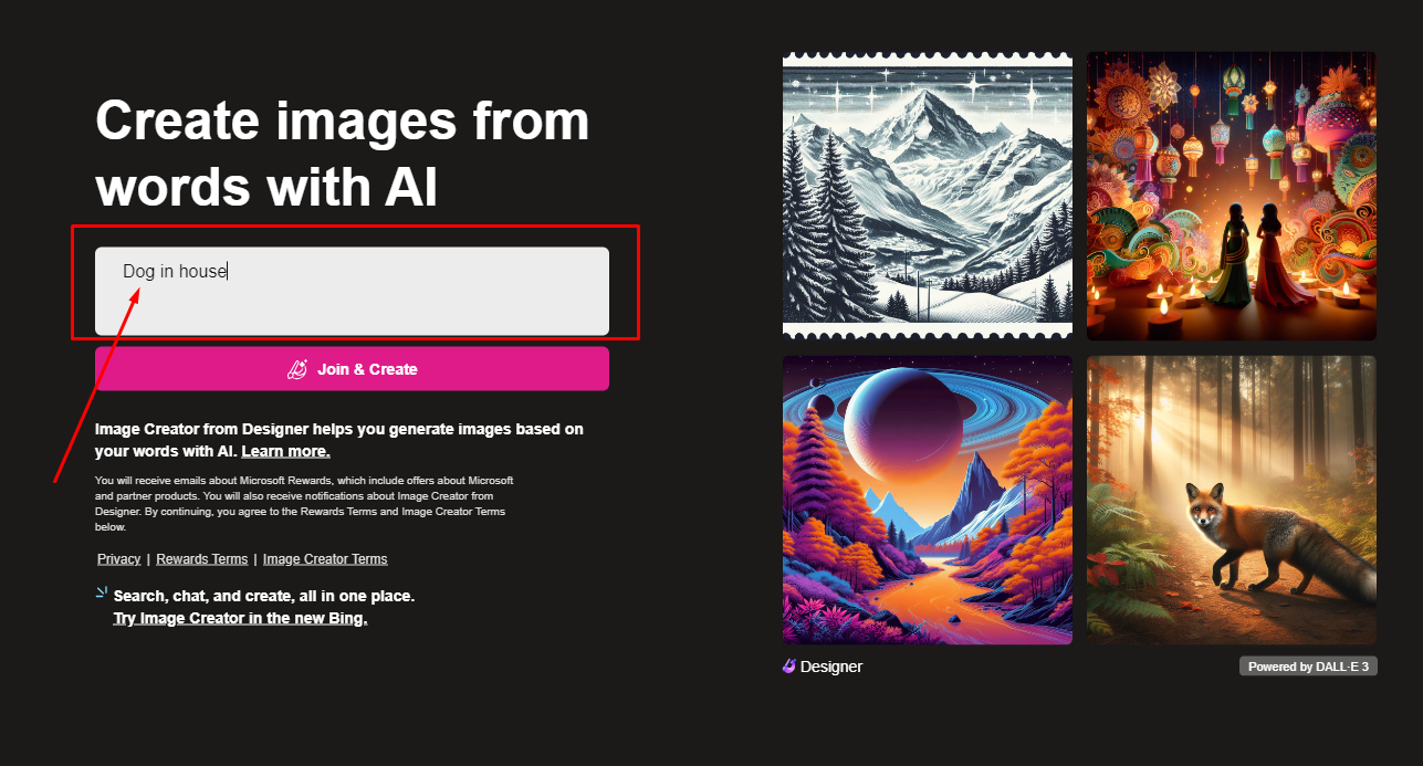 Bing Image Creator এর Prompt Box