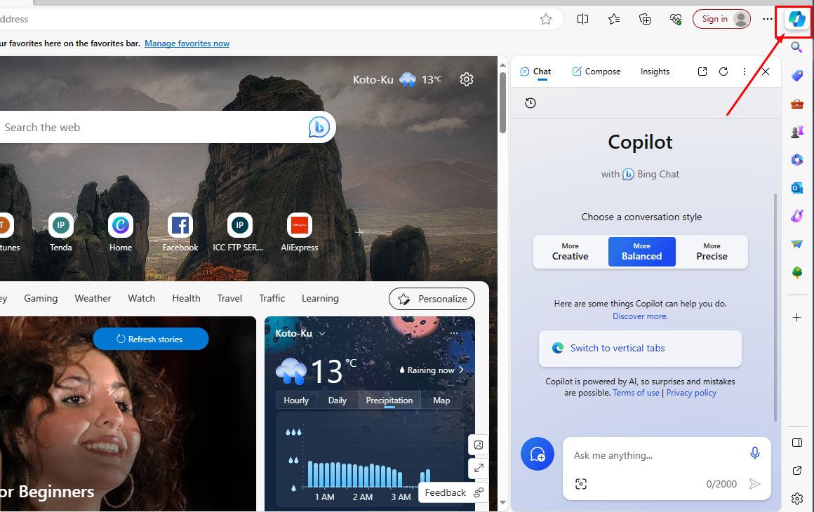 Microsoft edge এর ব্রাউজারের ডান পাশের Copilot অপশনে ক্লিক করুন