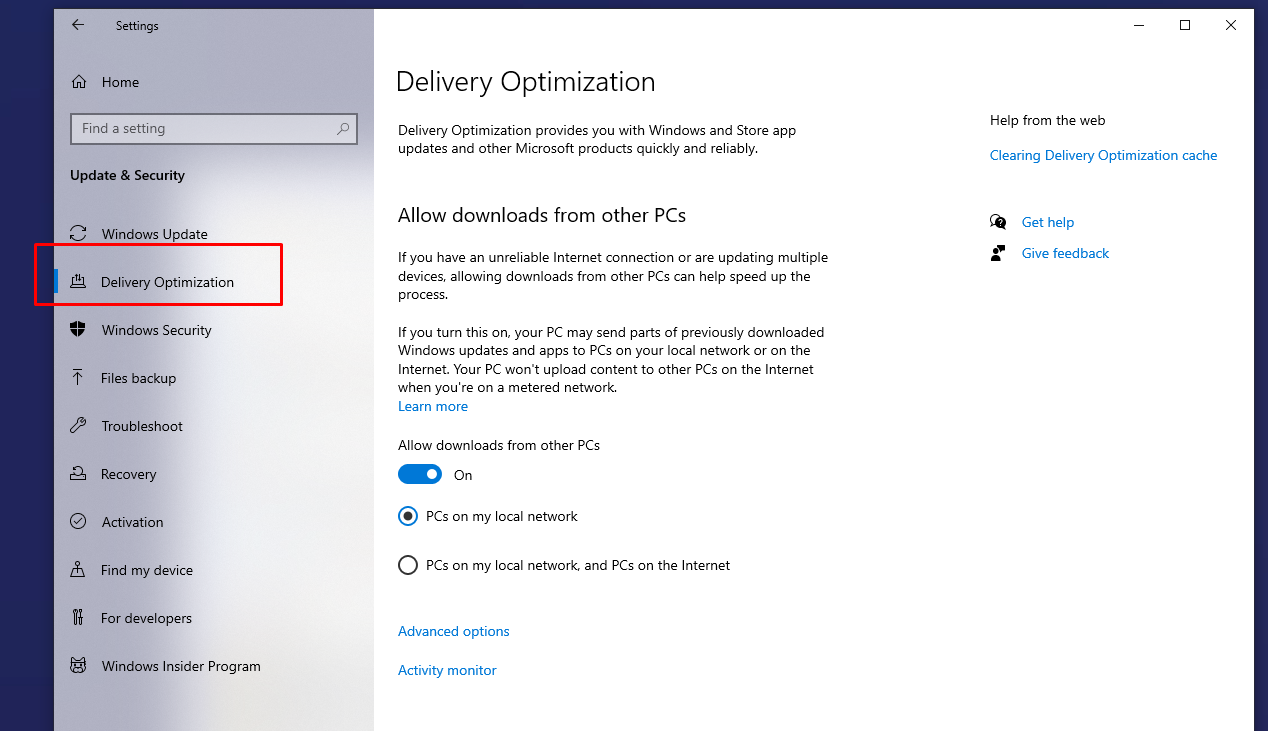 উইন্ডোজ পিসির Settings Update & Security Delivery Optimization অপশন