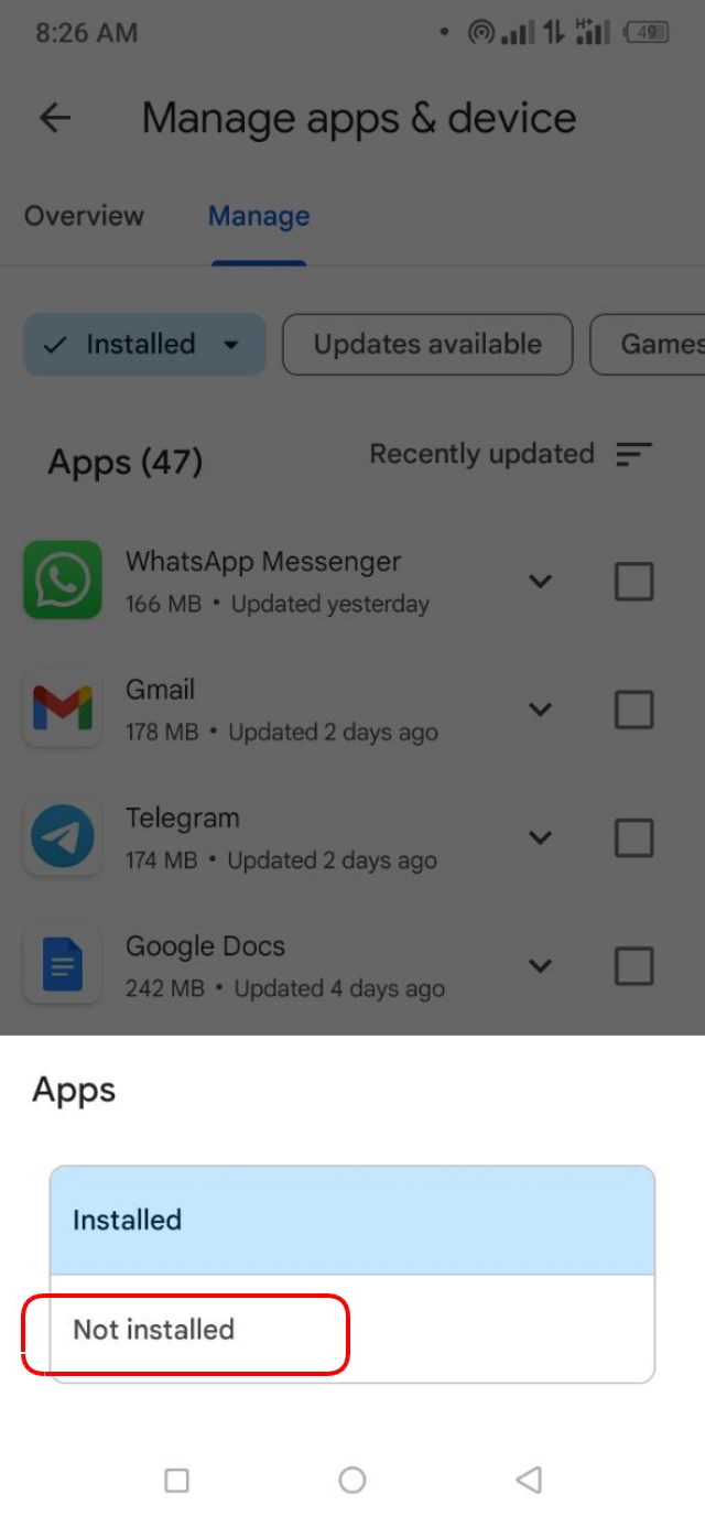 Not Installed অপশনে ট্যাপ