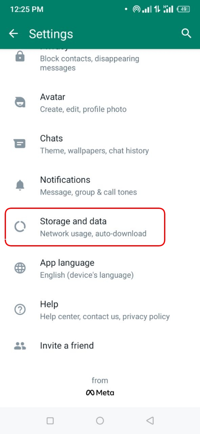 হোয়াটসঅ্যাপ এর Settings থেকে Stroage and Data অপশন