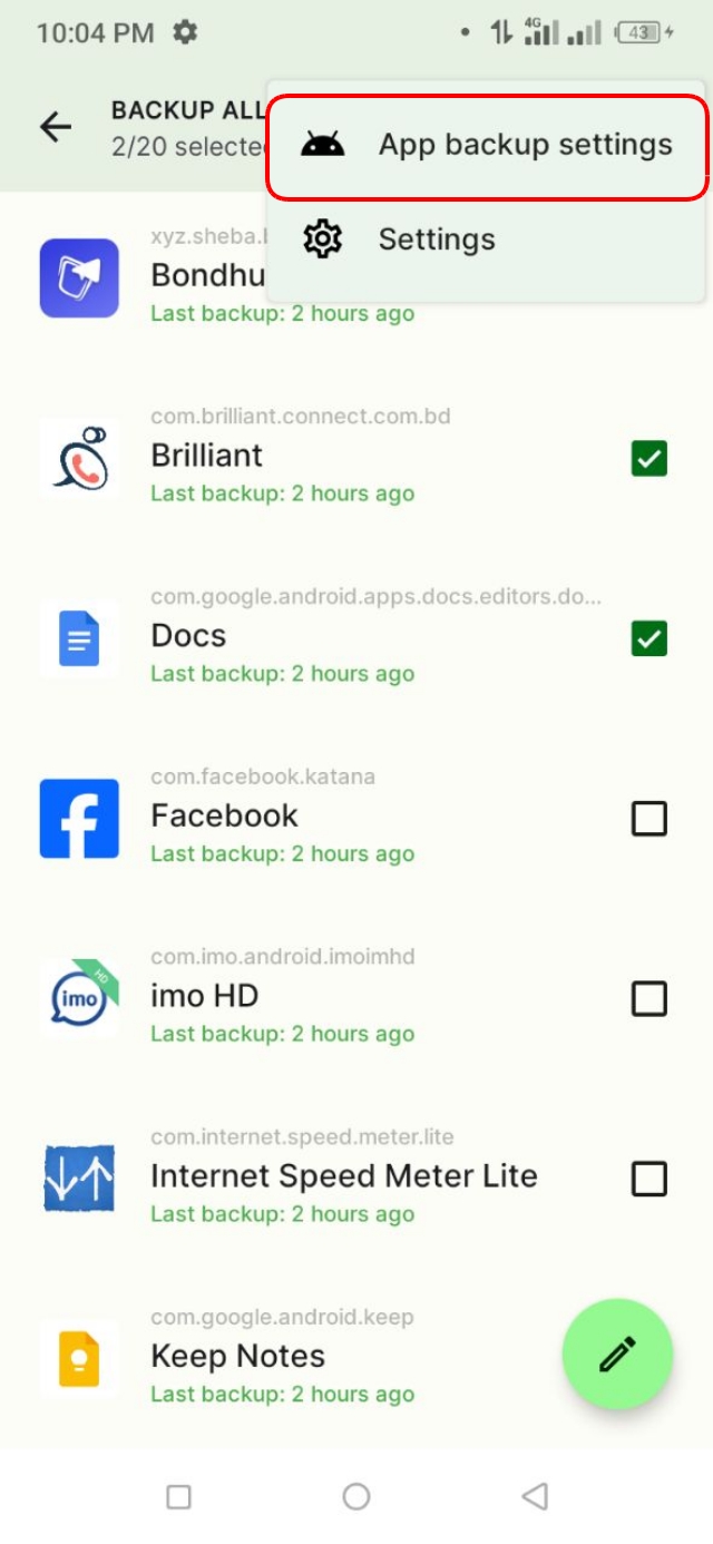 App Backup Settings অপশনে ক্লিক