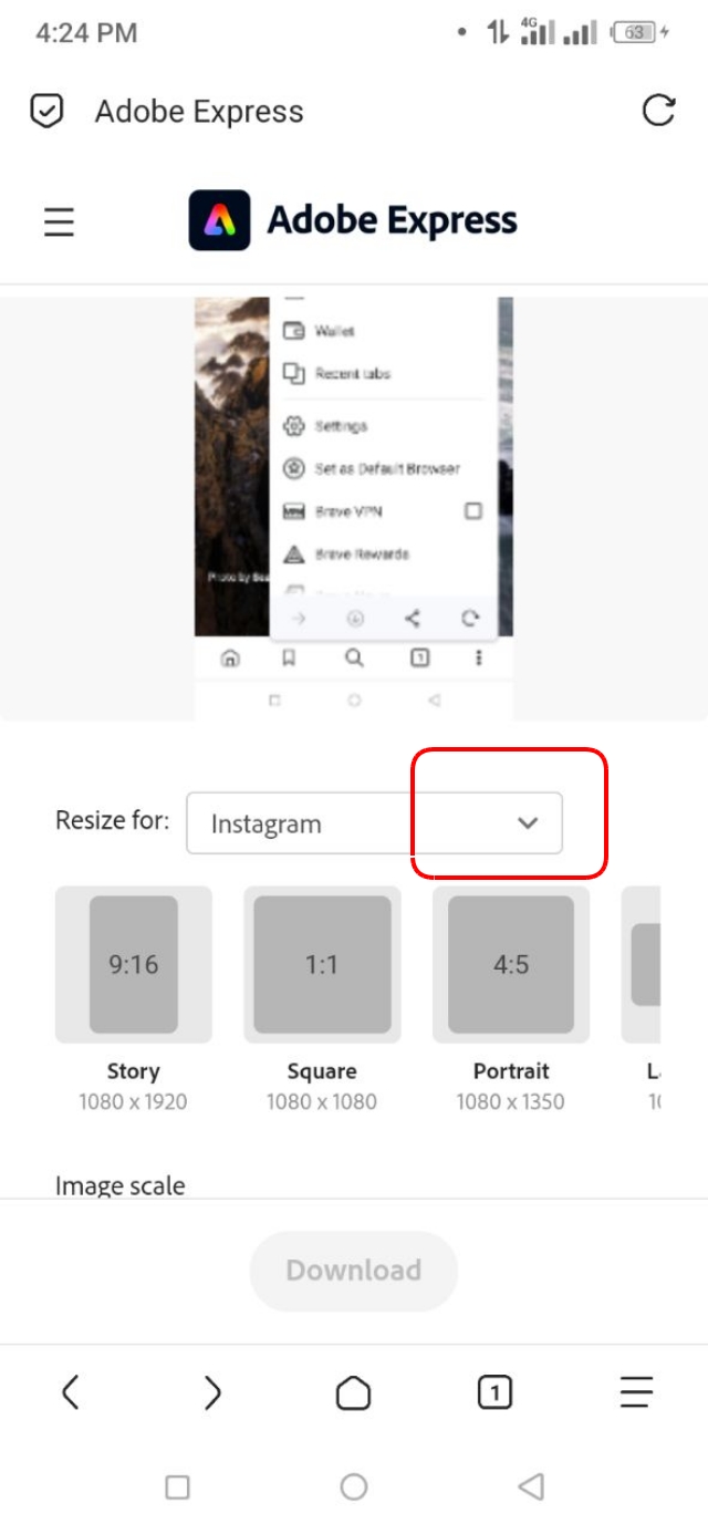 Resize অপশন এর এখানে Instagram লেখার অ্যারো চিহ্নতে ক্লিক