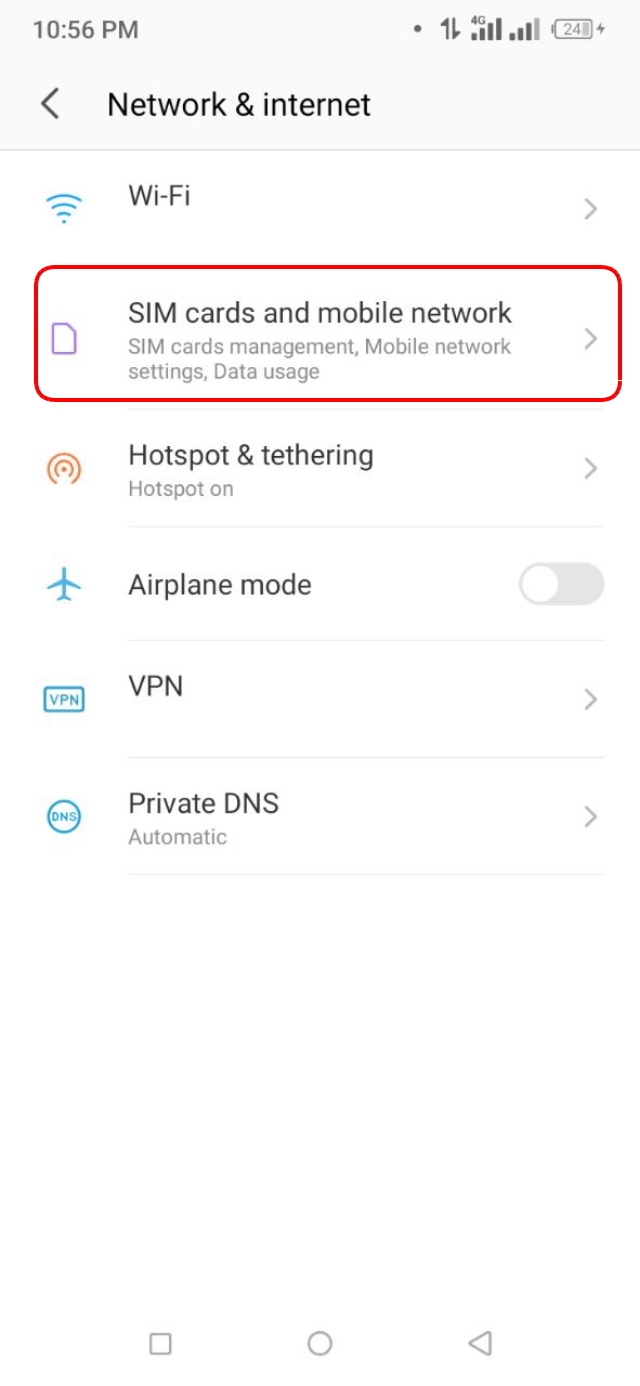 Sim Card and mobile network অপশন
