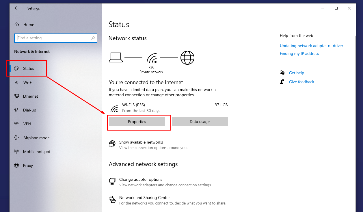পিসির নেটওয়ার্ক সেটিংস থেকে Status অপশনের ট্যাপ এবং Properties বাটনে ক্লিক