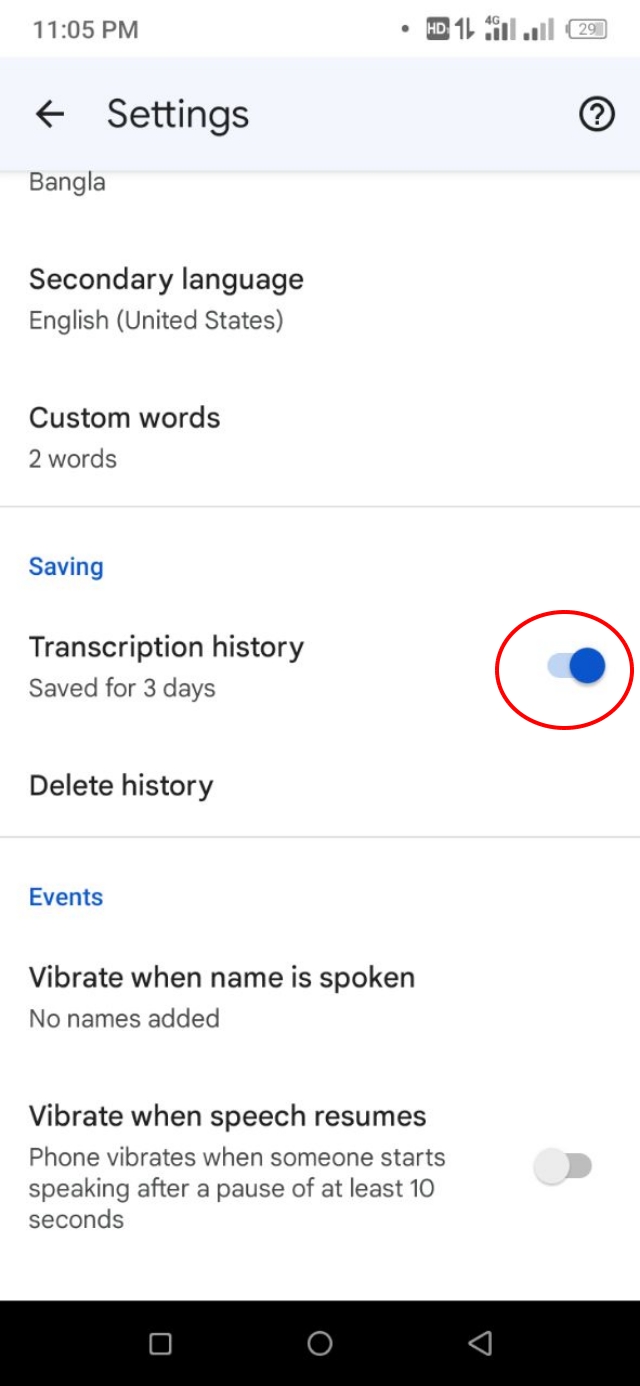 Transcription History Disable