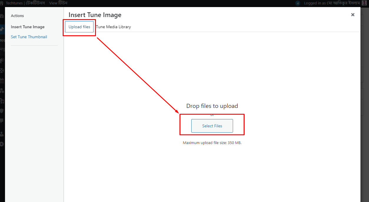 'Uploads Files' এর 'Select Files' অপশন থেকে ইমেইজ আপলোড