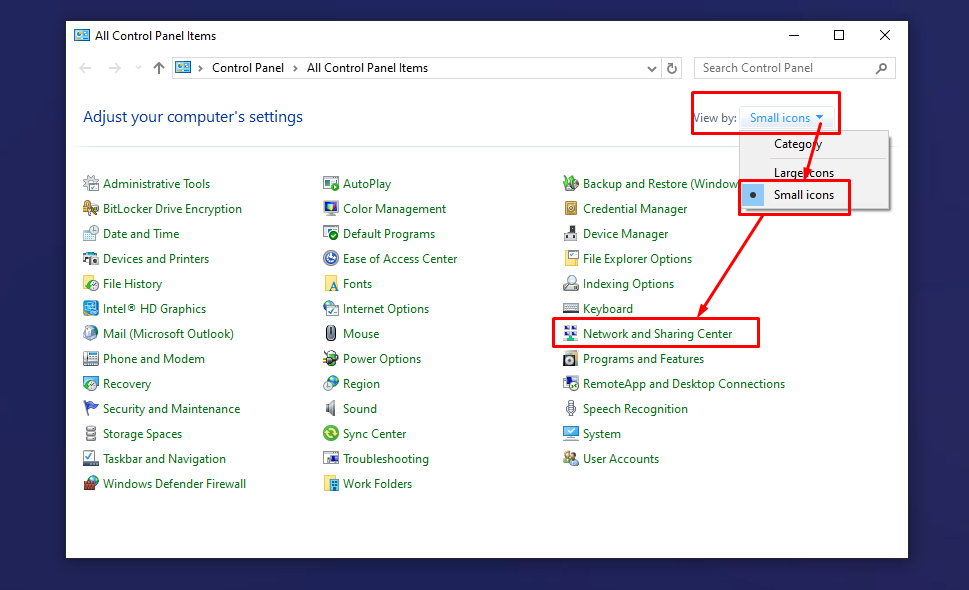 View অপশন থেকে Small Icons সিলেক্ট করে নিন এবং Network and Sharing Center এ ক্লিক