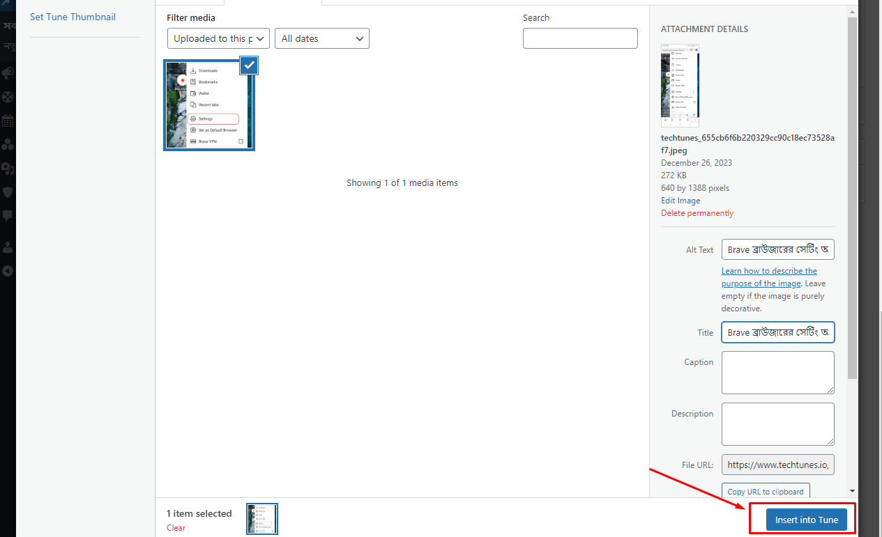 টিউনে ইমেইজ যোগ করতে insert into tune বাটনে ক্লিক